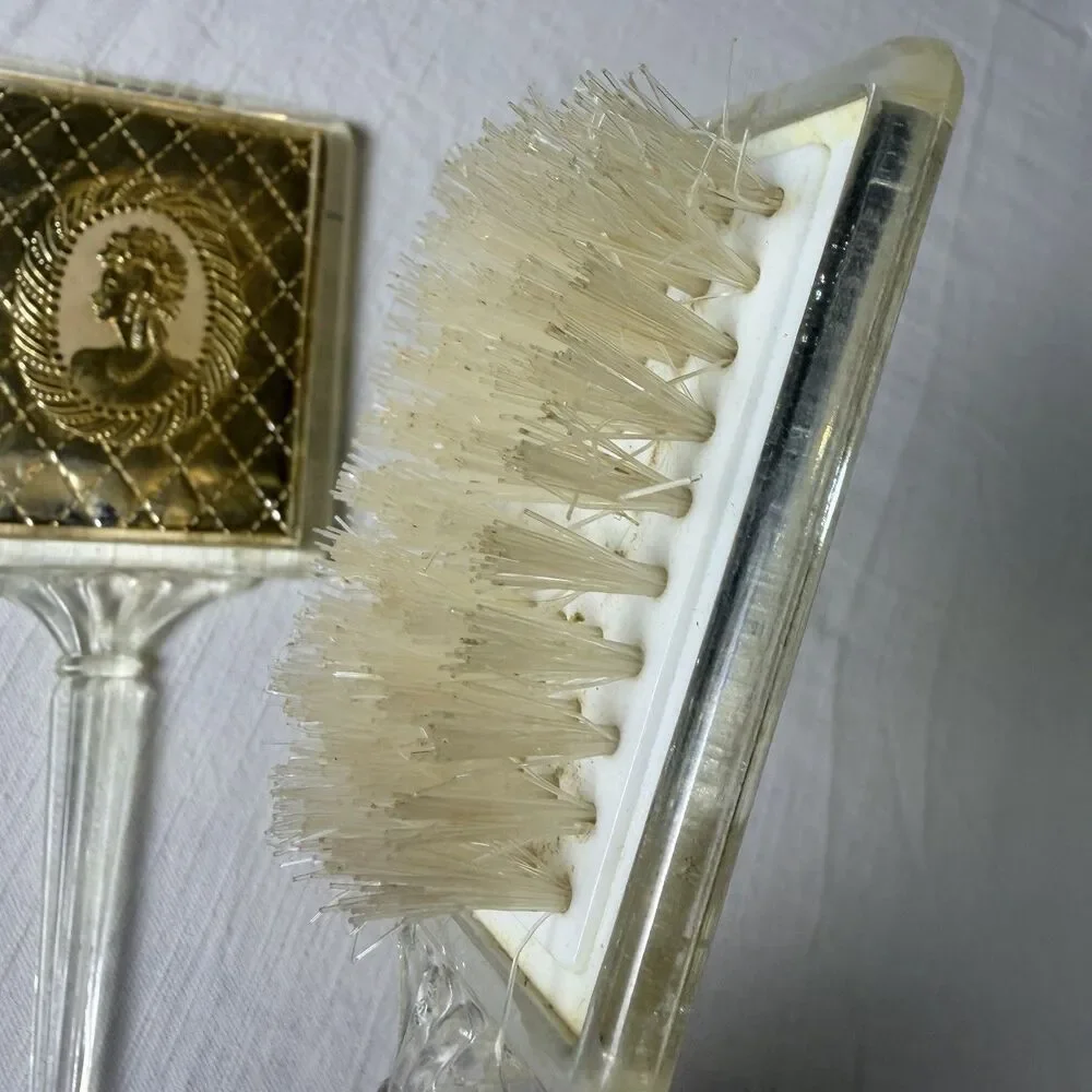 Vintage Vanity Set 2 Pieces Brush Handheld Mirror Lucite or Acrylic w/ Gold Foil